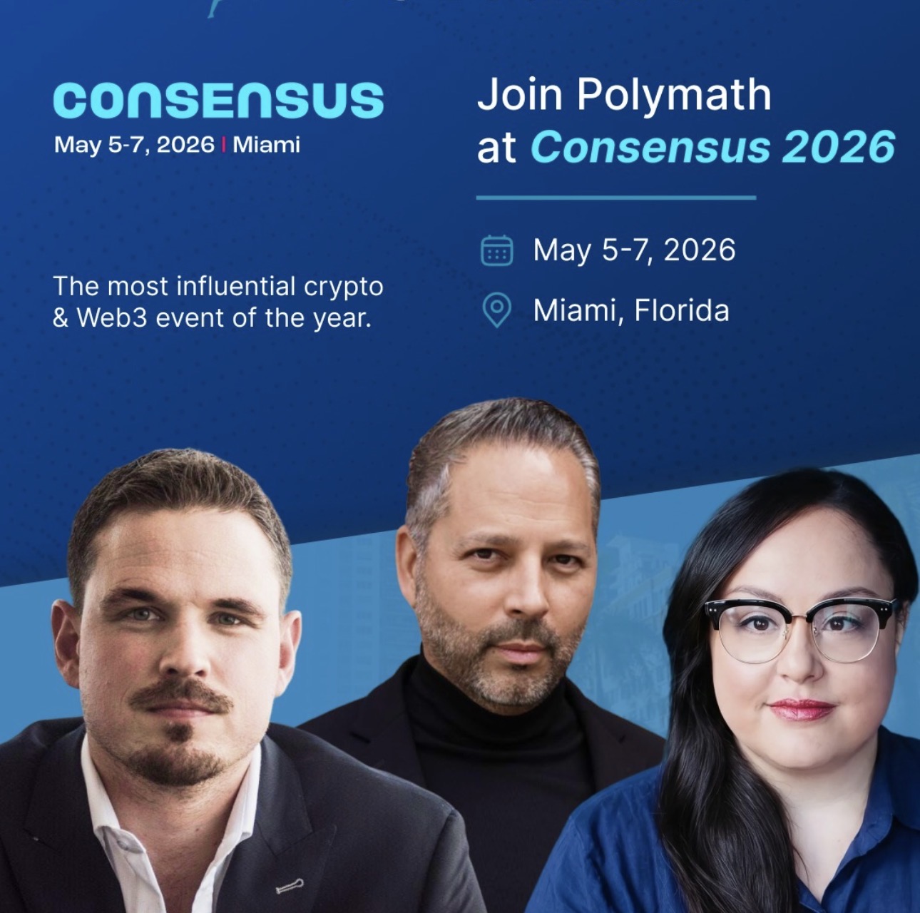 Consensus 2026 promotional graphic announcing Polymath at the event in Miami